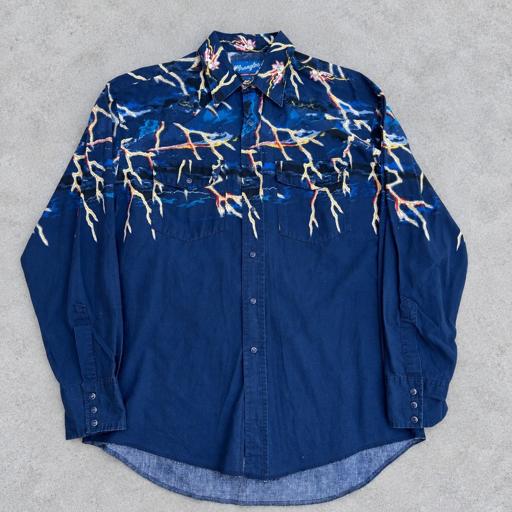 Wrangler Western Shirt Large Navy Blue Lightning Bolt Storm Pearl Snap Front L